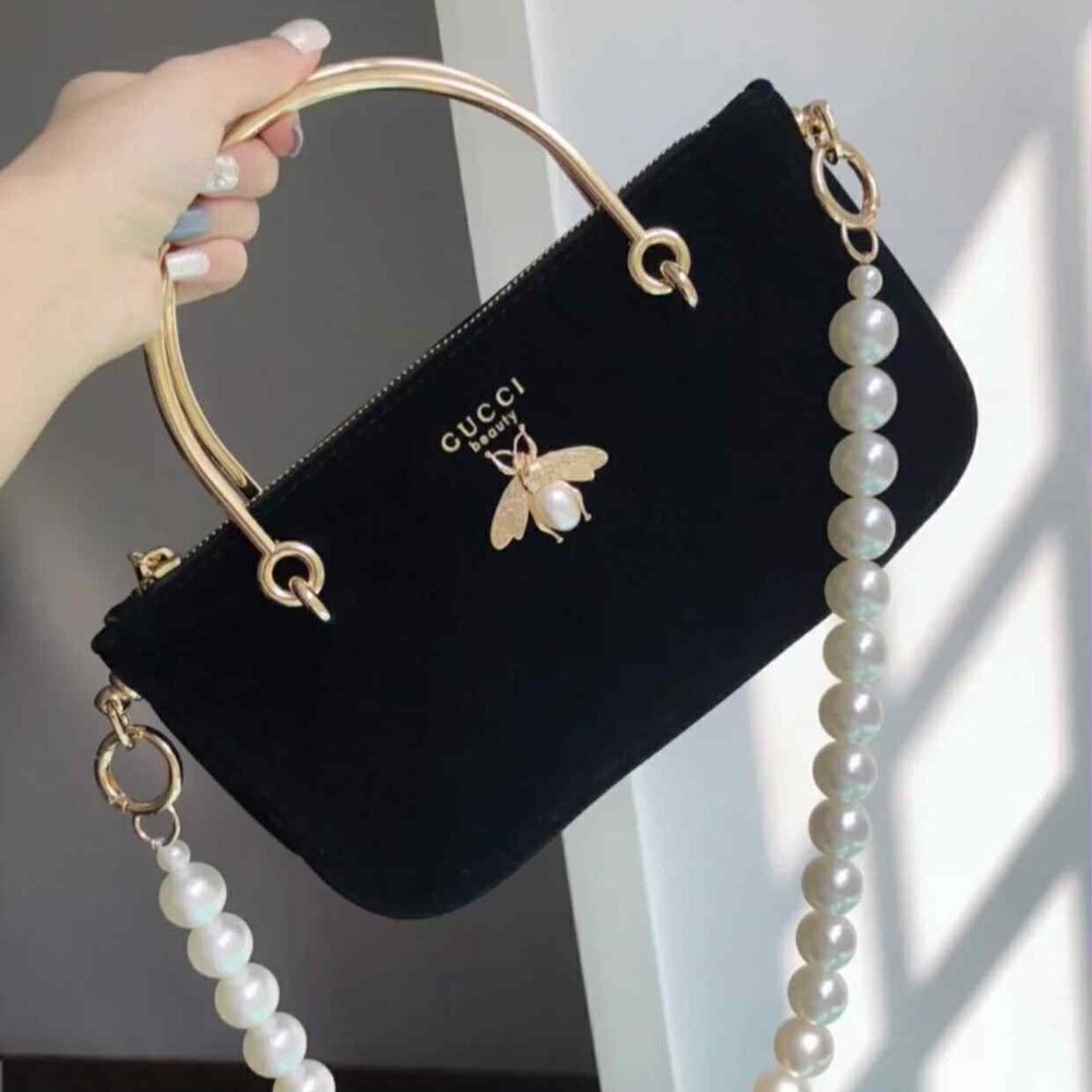 GWP Gucci Beauty Upcycled Black Velvet Shoulder Bag with Faux Pearl Handle